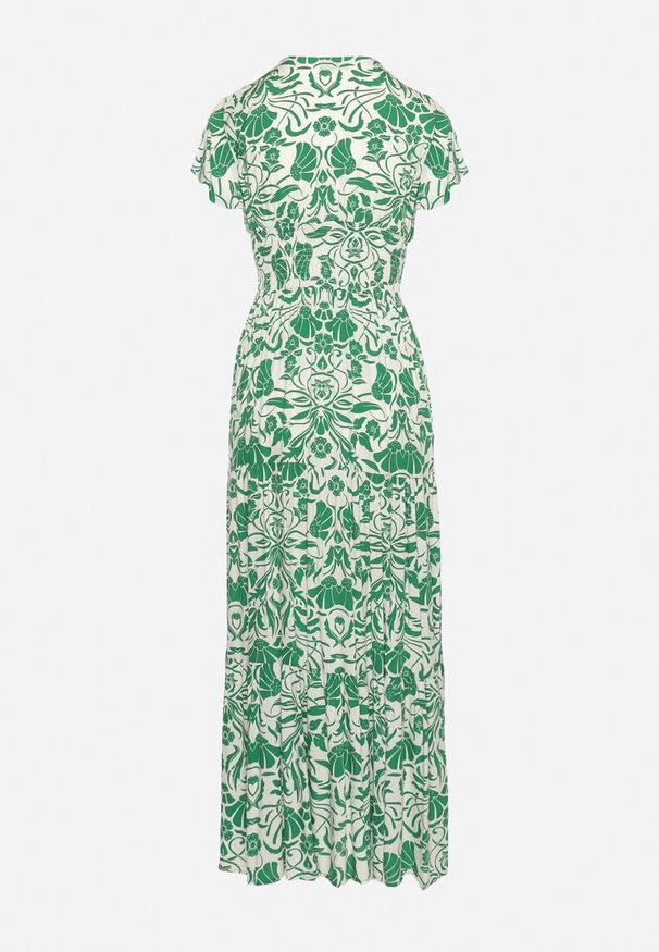 Born2be - Zielona Rozkloszowana Sukienka Maxi z Luźnym Rękawem w Kwiatowy Print Oxeria. Kolor: zielony. Wzór: kwiaty, nadruk. Sezon: lato. Typ sukienki: rozkloszowane. Długość: maxi