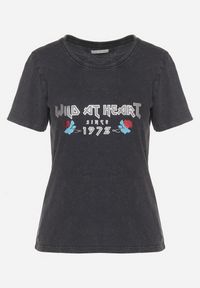 Born2be - Czarny Bawełniany T-shirt z Metalicznym Nadrukiem Savariae. Okazja: na co dzień. Kolor: czarny. Materiał: bawełna. Wzór: nadruk. Styl: elegancki, casual #3