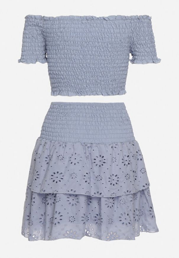 Born2be - Jasnoniebieski Bawełniany Komplet Krótki Top Typu Hiszpanka Spódnica Ażurowa z Gumką w Pasie Vimabelle. Kolor: niebieski. Materiał: bawełna. Wzór: ażurowy