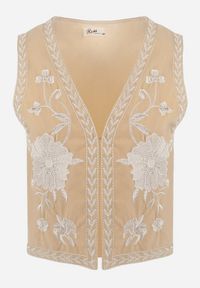 Born2be - Beżowa Welurowa Kamizelka z Ozdobnymi Haftami i Koralikami Hillse. Kolor: beżowy. Materiał: welur. Wzór: haft #3