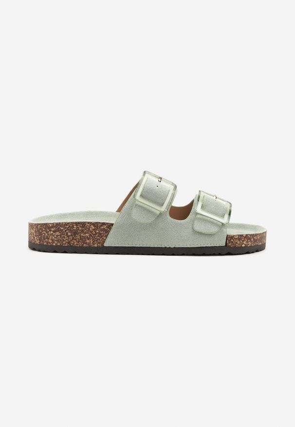 Renee - Jasnozielone Klapki na Korkowej Platformie z Klamrami Teloniel. Okazja: na co dzień, na spacer. Kolor: zielony. Materiał: jeans. Sezon: lato. Obcas: na platformie. Styl: casual