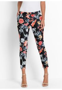 bonprix - Spodnie 7/8 ze stretchem. Kolor: czarny. Wzór: nadruk, kwiaty. Styl: elegancki, klasyczny #1