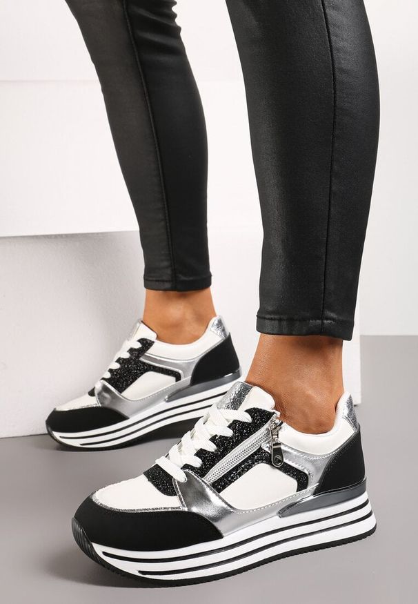 Renee - Czarne Sneakersy z Metalicznymi Wstawkami i Brokatem na Grubej Podeszwie Anova. Kolor: czarny. Materiał: skóra. Sezon: wiosna