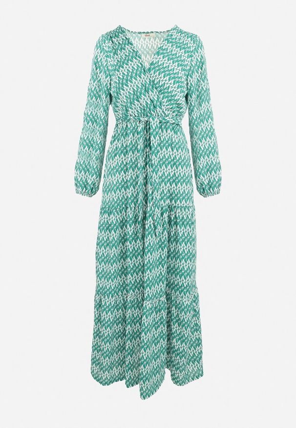 Born2be - Zielona Sukienka Rozkloszowana z Gumką w Pasie Mosho. Okazja: na co dzień. Kolor: zielony. Materiał: tkanina, materiał. Długość rękawa: długi rękaw. Typ sukienki: rozkloszowane, kopertowe, proste. Styl: casual, boho. Długość: maxi