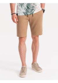 Ombre Clothing - Dzianinowe szorty męskie z ozdobną gumka w pasie - jasnobrązowe V4. Kolor: brązowy. Materiał: dzianina