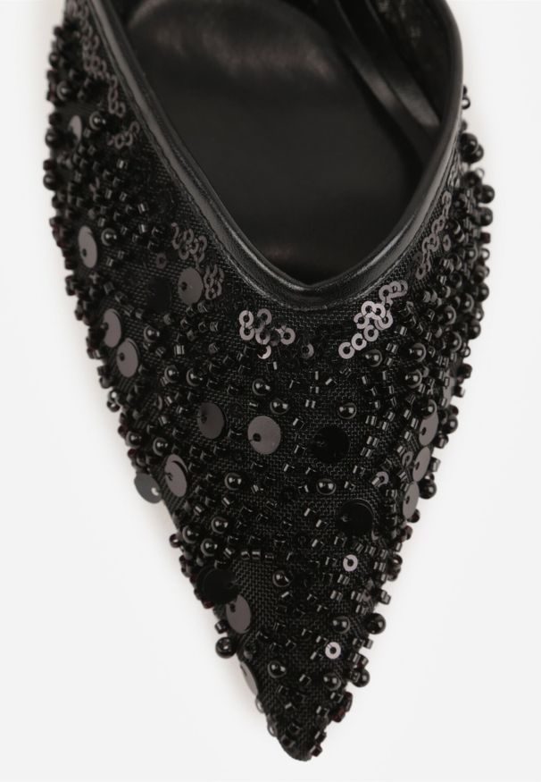 Born2be - Czarne Szpilki z Odkrytą Piętą i Cekinami Vikiraena. Okazja: na randkę, na wesele, na ślub cywilny. Kolor: czarny. Obcas: na szpilce. Styl: elegancki, klasyczny