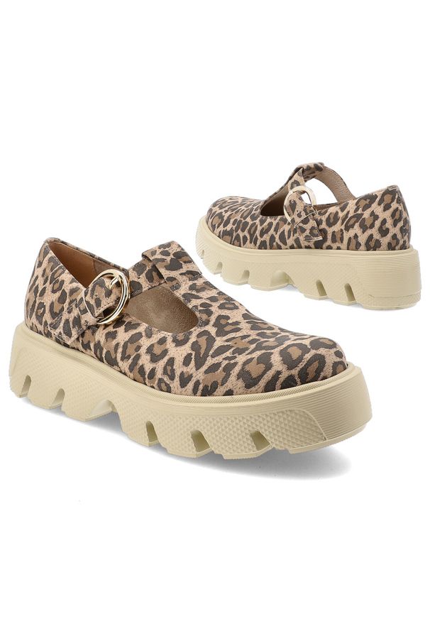 Beżowe Półbuty Armodo Eleganckie Obuwie Damskie Lampart. Zapięcie: klamry. Kolor: beżowy. Materiał: jeans, guma, welur. Szerokość cholewki: normalna. Wzór: nadruk, motyw zwierzęcy. Styl: elegancki