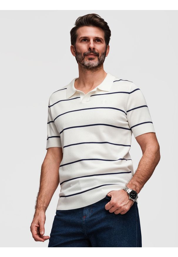 Ombre Clothing - Koszulka męska polo w poziome paski z wiskozą – biało-granatowa V2 - Rozmiar: M. Okazja: na co dzień. Typ kołnierza: polo. Kolor: biały. Materiał: wiskoza. Wzór: paski. Styl: casual