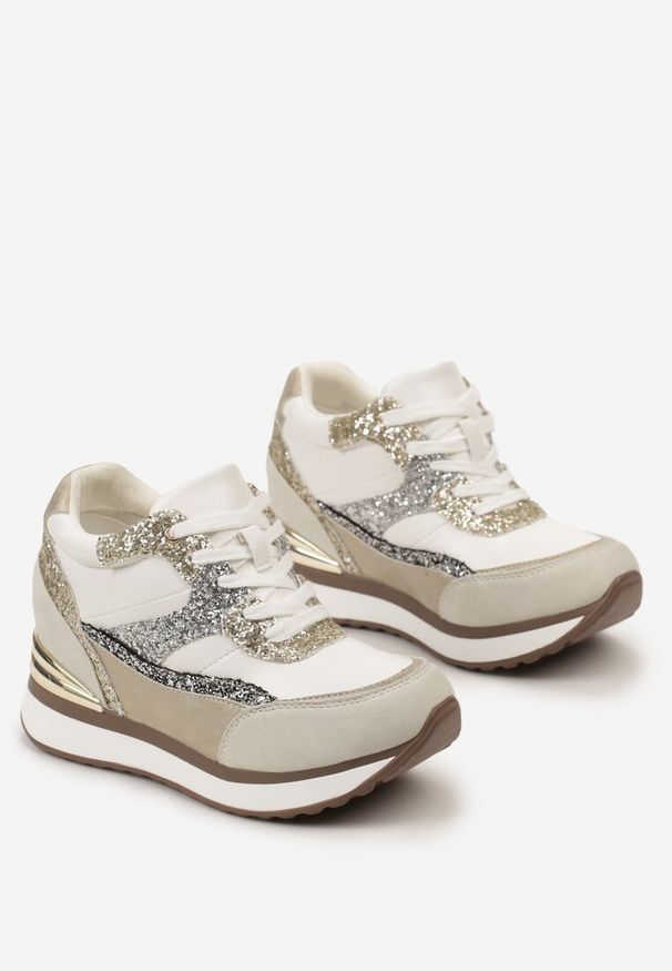 Born2be - Szaro-Złote Sneakersy na Ukrytym Koturnie Ozdobione Brokatem Yavina. Kolor: beżowy. Wzór: aplikacja. Obcas: na koturnie