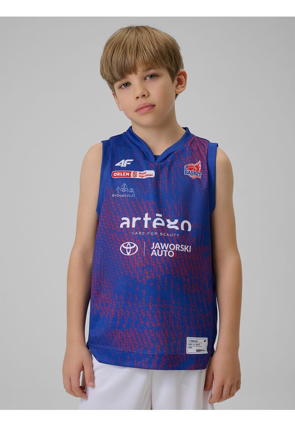 4f - 4F Koszulka meczowa replika wyjazdowa z sezonu 2025/26 dziecięca 4F x KS Basket 25 Bydgoszcz - granatowa 110/116. Kolor: niebieski. Materiał: materiał. Wzór: nadruk. Sezon: lato. Sport: fitness, koszykówka