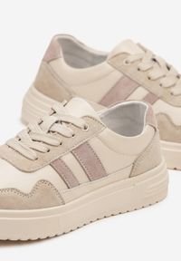 Born2be - Beżowe Skórzane Sneakersy z Paskami Andaxele. Okazja: na co dzień. Zapięcie: pasek. Kolor: beżowy. Materiał: skóra #5