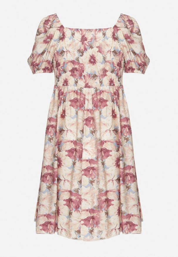 Born2be - Różowa Sukienka z Bufiastymi Rękawami i Wiązaniem przy Dekolcie z Gumką na Plecach Vikninna. Okazja: na co dzień, na randkę. Kolor: różowy. Materiał: jeans. Wzór: aplikacja, kwiaty. Sezon: lato. Styl: casual