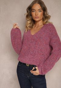 Renee - Fioletowy Sweter z Dodatkiem Wełny i Szerokimi Rękawami Inathira. Okazja: na co dzień. Kolor: fioletowy. Materiał: wełna. Sezon: jesień, zima. Styl: klasyczny, elegancki, casual