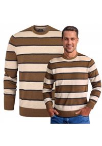 Bawełniany Sweter Męski, Okrągły Dekolt - Pako Jeans - Brąz i Beż, Pasy. Kolor: brązowy, wielokolorowy, beżowy. Materiał: bawełna. Styl: klasyczny, elegancki #3
