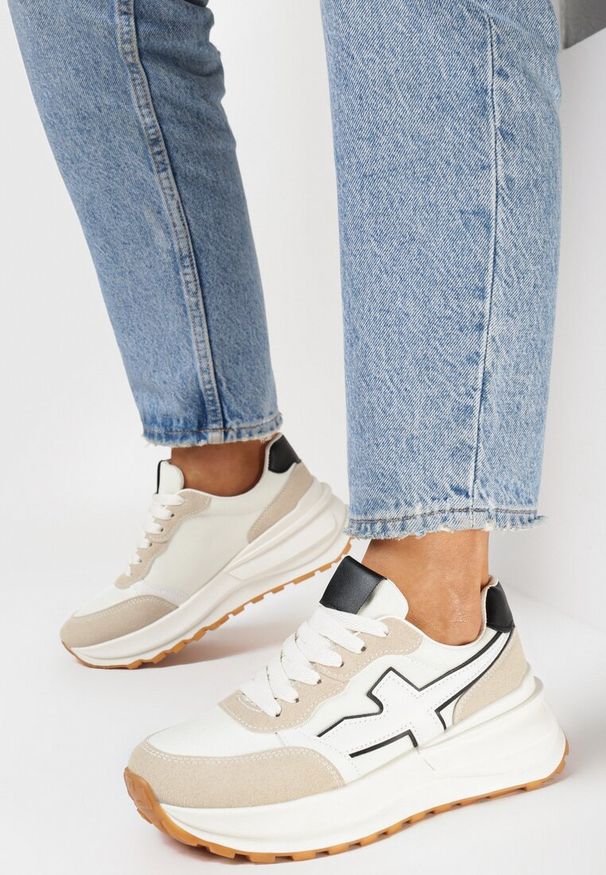 Born2be - Biało-Beżowe Sneakersy na Grubej Podeszwie Annelise. Kolor: biały. Materiał: jeans