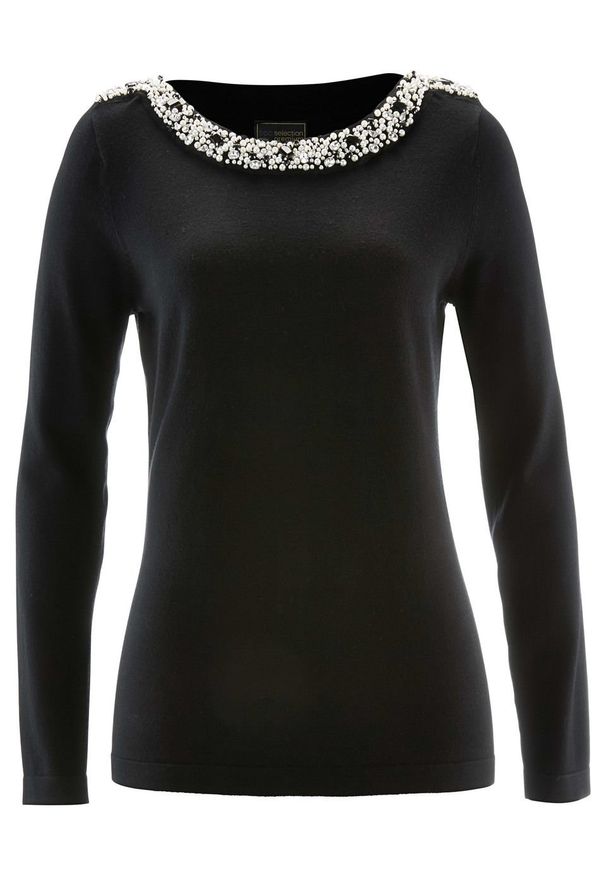 Sweter Premium z aplikacją z perełek bonprix czarny. Kolor: czarny. Wzór: aplikacja