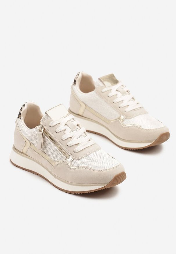 Renee - Beżowe Sneakersy Ozdobione Suwakiem i Metalicznymi Wstawkami Alua. Okazja: na co dzień. Kolor: beżowy. Materiał: jeans. Wzór: aplikacja. Sezon: lato, wiosna