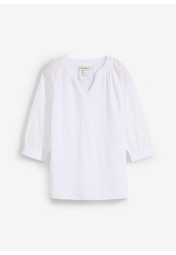 bonprix - Bluzka tunikowa z przewiewnego muślinu. Kolor: biały. Wzór: ażurowy, haft