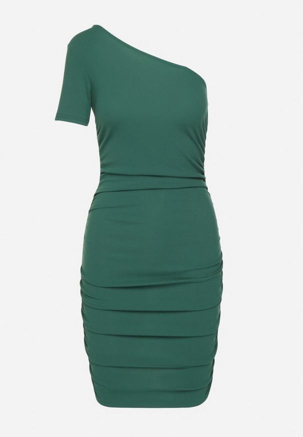 Born2be - Zielona Dopasowana Sukienka na Jedno Ramię Erllemia. Okazja: na imprezę. Kolor: zielony. Długość rękawa: krótki rękaw. Typ sukienki: proste, dopasowane