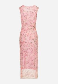 Born2be - Różowa Koktajlowa Taliowana Sukienka w Kwiaty z Wiskozową Podszewką Lidra. Okazja: na wesele, na imprezę, na co dzień, na ślub cywilny. Kolor: różowy. Materiał: wiskoza. Wzór: kwiaty. Styl: wizytowy #2