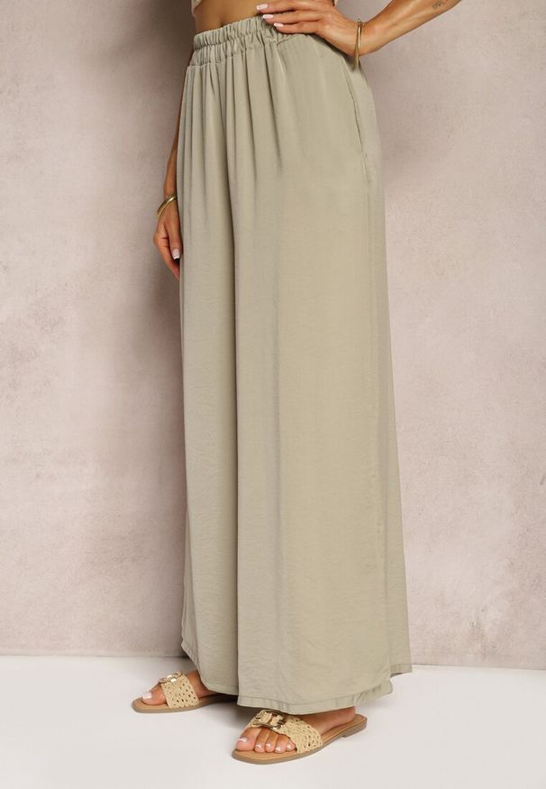 Renee - Jasnozielone Wiskozowe Spodnie Szerokie High Waist Rissalene. Okazja: do pracy, na spotkanie biznesowe. Stan: podwyższony. Kolor: beżowy. Materiał: wiskoza. Styl: elegancki, biznesowy