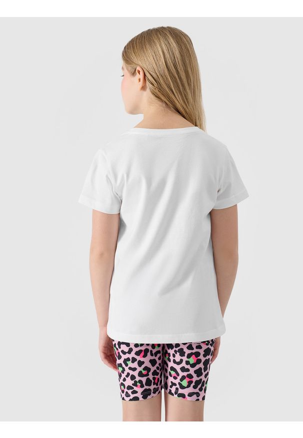 4f - 4F T-shirt z nadrukiem dziewczęcy - biały 158 (12-13 lat). Okazja: na co dzień. Kolor: biały. Materiał: bawełna, jersey, dzianina. Długość rękawa: krótki rękaw. Długość: krótkie. Wzór: nadruk. Sezon: lato. Styl: sportowy, klasyczny, casual