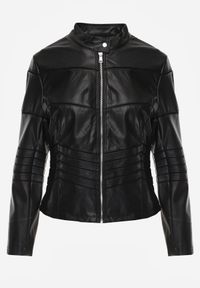 Born2be - Czarna Kurtka Typu Ramoneska Ozdobiona Przeszyciami Elianea. Okazja: na co dzień. Kolor: czarny. Materiał: jeans, poliester. Wzór: aplikacja. Styl: casual, elegancki #4