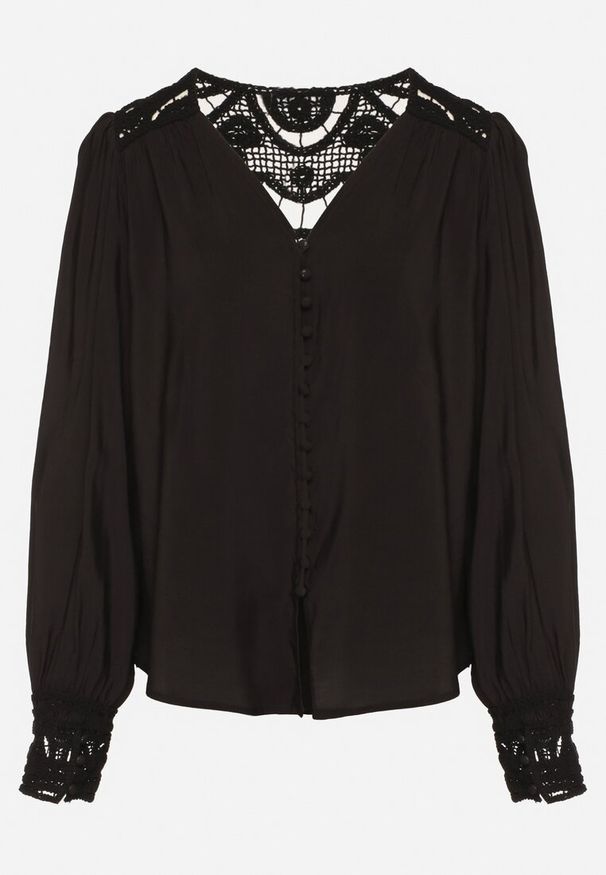 Born2be - Czarna Koszula z Ażurowymi Wstawkami Nanlira. Okazja: na co dzień. Kolor: czarny. Materiał: jeans. Wzór: ażurowy. Styl: casual