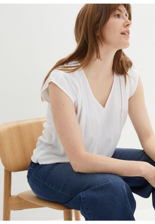 bonprix - Bluzka z krótkim rękawem i dekoltem w serek. Typ kołnierza: dekolt w serek. Kolor: biały. Długość rękawa: krótki rękaw. Długość: krótkie