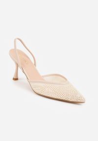 Renee - Beżowe Szpilki z Paskiem w Typie Slingback z Cholewką z Siateczki i Koralikami Carilriane. Zapięcie: pasek. Kolor: beżowy. Materiał: satyna. Szerokość cholewki: normalna. Wzór: aplikacja. Obcas: na szpilce. Styl: wizytowy, glamour, elegancki #6