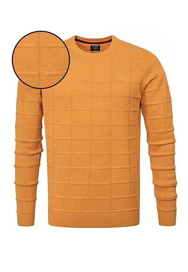 Męski Sweter Pako Jeans - Tłoczona Struktura Materiału - Musztardowy. Kolor: złoty, wielokolorowy, żółty. Materiał: akryl, bawełna. Styl: klasyczny, elegancki