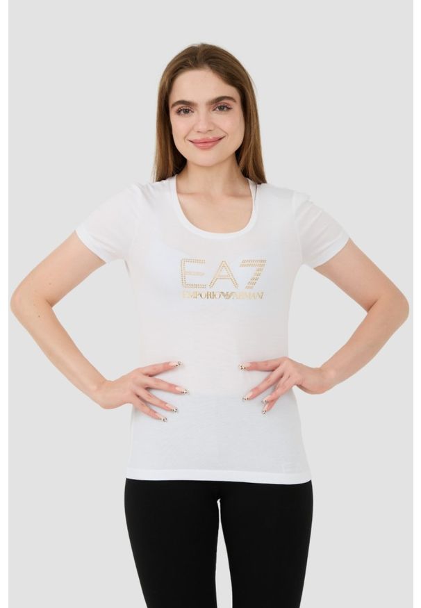 EA7 Emporio Armani - EA7 Biały damski t-shirt z cyrkoniami, Rozmiar XS. Kolor: biały