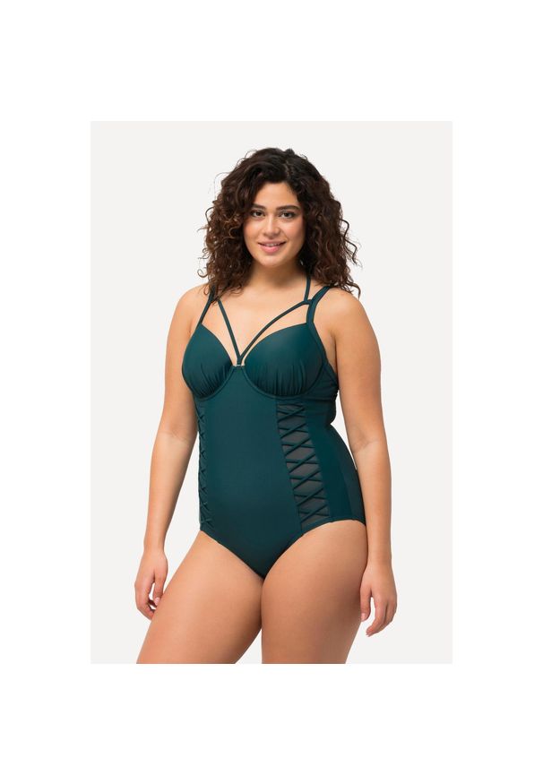 ULLA POPKEN - Damski Kostium kąpielowy dekolt typu halter miękkie miseczki fiszbiny. Kolekcja: plus size. Kolor: zielony. Materiał: poliamid, materiał, elastan