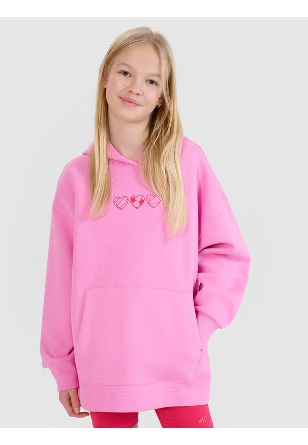 4f - 4F Bluza dresowa nierozpinana z kapturem dziewczęca - różowa 152 (11-12 lat). Okazja: na co dzień. Typ kołnierza: kaptur. Kolor: różowy. Materiał: dresówka. Wzór: nadruk, gładki, ze splotem. Sezon: lato. Styl: casual, sportowy