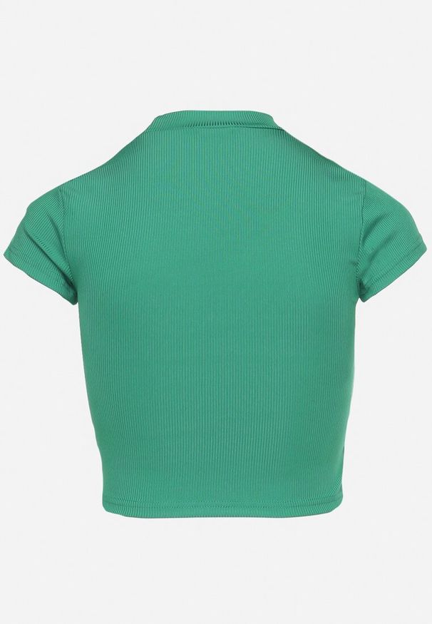 Born2be - Zielony T-shirt o Krótkim Dopasowanym Kroju z Napisem Ebira. Kolor: zielony. Materiał: jeans. Długość: krótkie. Wzór: napisy. Styl: sportowy, klasyczny, elegancki