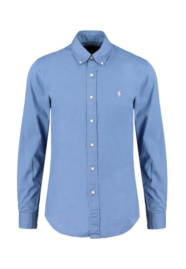 Ralph Lauren - RALPH LAUREN - Błękitna koszula z haftowanym logo Slim Fit. Typ kołnierza: polo. Kolor: niebieski. Materiał: bawełna. Wzór: haft