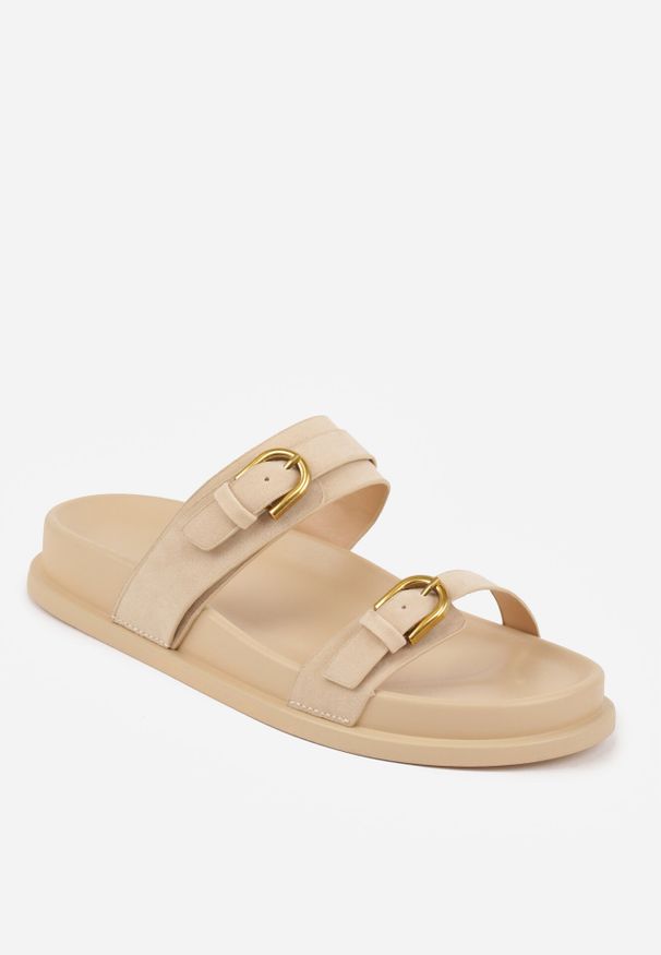 Born2be - Beżowe Klapki z Dwoma Paskami i Klamrami Cevinra. Okazja: na co dzień. Kolor: beżowy. Sezon: lato. Styl: casual, elegancki