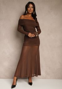 Renee - Brązowa Koktajlowa Sukienka z Prześwitującymi Rękawami i Marszczeniem Haludea. Okazja: na imprezę. Kolor: brązowy. Styl: wizytowy #5
