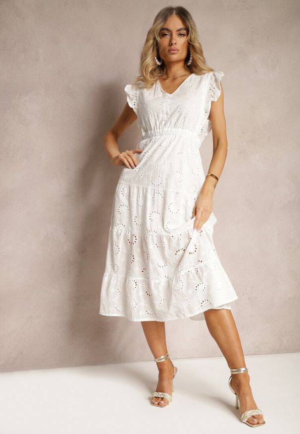Renee - Biała Rozkloszowana Sukienka o Ażurowym Wykończeniu z Falbanką Melolia. Okazja: na imprezę. Kolor: biały. Długość rękawa: krótki rękaw. Wzór: ażurowy. Sezon: lato. Typ sukienki: rozkloszowane. Styl: elegancki