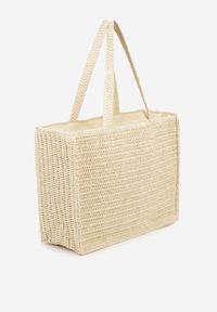 Born2be - Beżowa Torebka Shopper z Plecionką i Ozdobnym Napisem Nilaura. Kolor: beżowy. Wzór: napisy. Styl: biznesowy, elegancki, casual