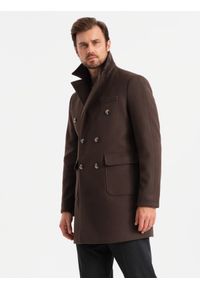 Ombre Clothing - Dwurzędowy płaszcz męski z ozdobnymi guzikami – ciemnobrązowy V3. Typ kołnierza: kołnierz rewers. Kolor: brązowy. Materiał: poliester, materiał. Długość: długie. Styl: klasyczny, wizytowy, elegancki