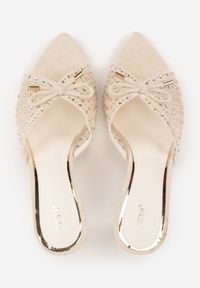 Renee - Beżowe Siateczkowe Klapki VICES na Szpilce Ozdobione Cyrkoniami i Kokardką Donne. Kolor: beżowy. Materiał: satyna. Wzór: aplikacja. Obcas: na szpilce. Styl: glamour, elegancki #2