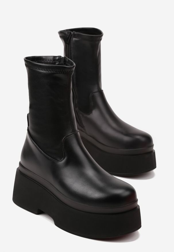 Born2be - Czarne Botki na Grubej Podeszwie z Elastyczną Cholewką Ebirane. Okazja: na co dzień. Kolor: czarny. Materiał: jeans. Szerokość cholewki: normalna. Styl: elegancki, casual