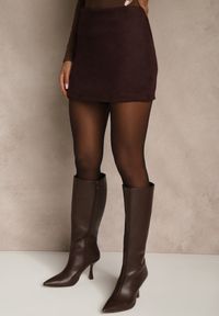 Renee - Brązowe Spódnico-Spodenki z Ozdobną Imitacją Kieszeni Sewressa. Kolor: brązowy. Materiał: koronka. Styl: klasyczny, elegancki #4