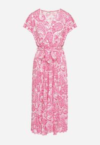 Born2be - Różowa Sukienka z Kopertowym Dekoltem z Gumką w Talii i Materiałowym Paskiem Xelovia. Okazja: na co dzień. Kolor: różowy. Materiał: materiał. Typ sukienki: kopertowe. Styl: elegancki, casual #5