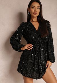 Renee - Czarna Sukienka Cekinowa z Kopertowym Dekoltem Voodek. Typ kołnierza: dekolt kopertowy. Kolor: czarny. Materiał: jeans. Typ sukienki: kopertowe. Styl: elegancki #5