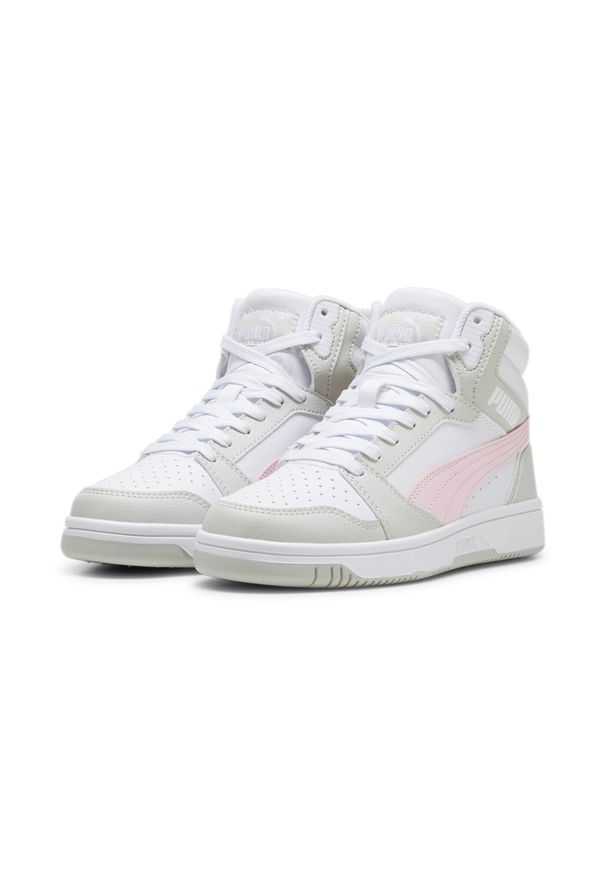Puma - Młodzieżowe sneakersy Rebound V6 Mid PUMA White Frosty Pink Sedate Gray. Kolor: szary, biały, wielokolorowy, różowy. Sport: turystyka piesza, koszykówka