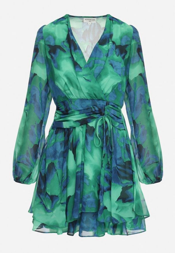 Born2be - Zielona Sukienka Mini z Kopertowym Dekoltem i Wzorem Tie-Dye Arisel. Okazja: na imprezę, na randkę. Kolor: zielony. Typ sukienki: kopertowe. Długość: mini