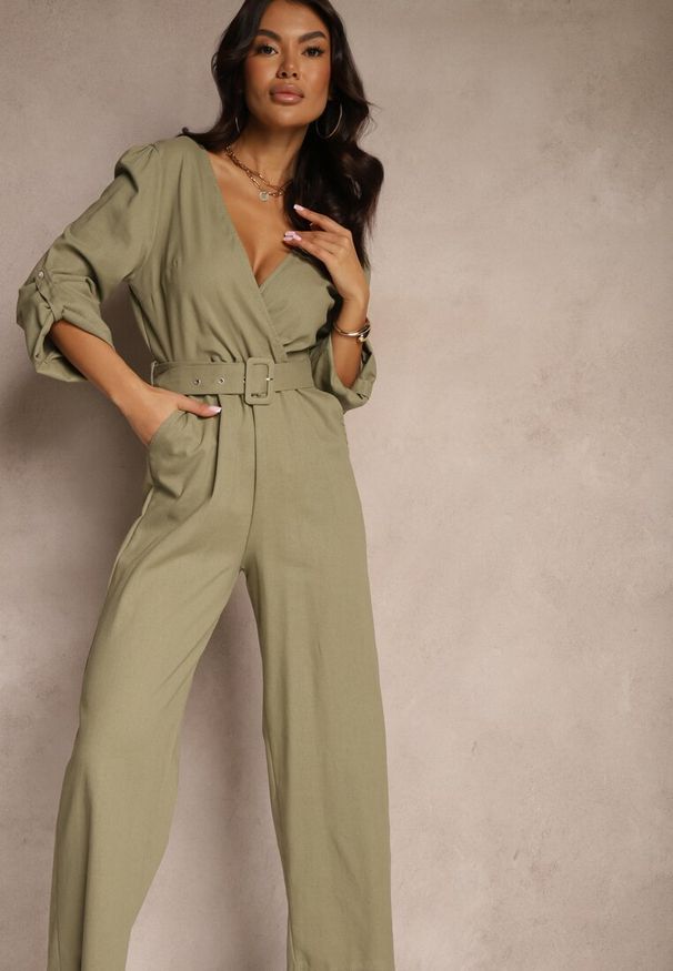 Renee - Zielony Kopertowy Kombinezon z Bawełny z Dodatkowym Paskiem i Gumką w Talii Rinnarela. Okazja: na co dzień. Kolor: zielony. Materiał: bawełna. Styl: wizytowy, casual, klasyczny, elegancki