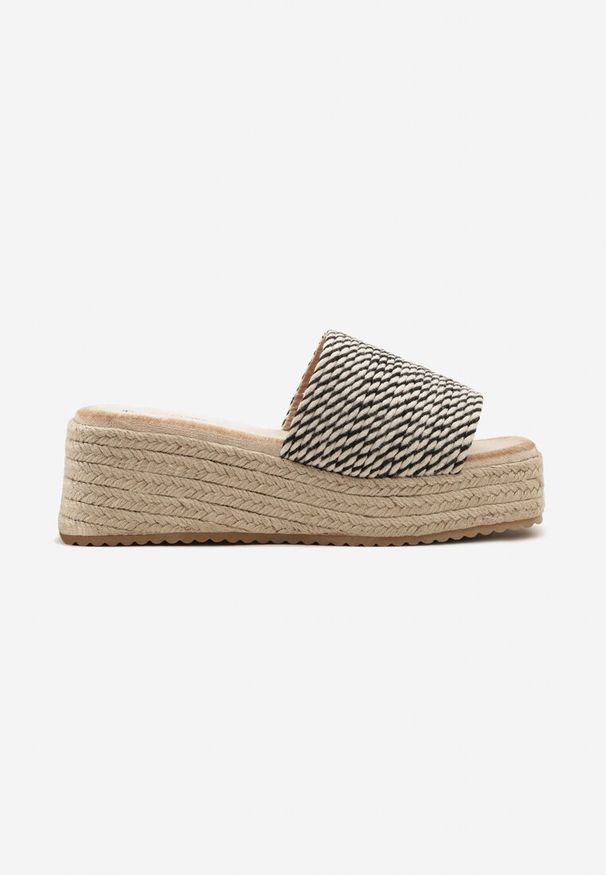 Renee - Czarno-Beżowe Casualowe Klapki na Koturnie i Platformie w Stylu Boho Moonula. Okazja: na co dzień. Nosek buta: otwarty. Kolor: czarny. Materiał: materiał. Sezon: lato. Obcas: na koturnie. Styl: boho, casual. Wysokość obcasa: średni